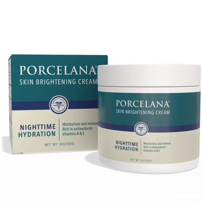 Porcelana jar front label showing product benefits and nighttime cream