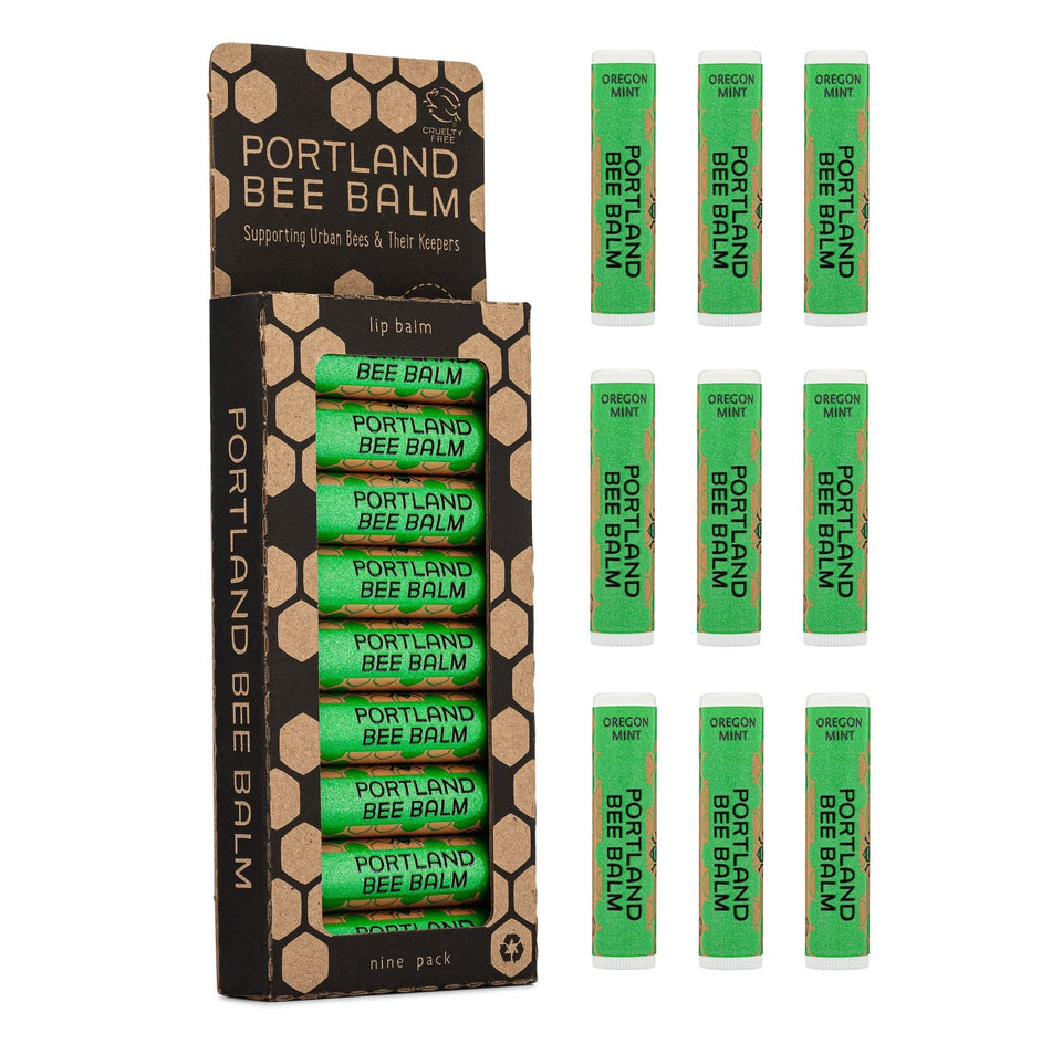 Portland Bee Balm front packaging showing nine tubes and brand benefits