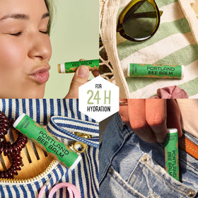 Portland Bee Balm applied outdoors on lips demonstrating protective hydration
