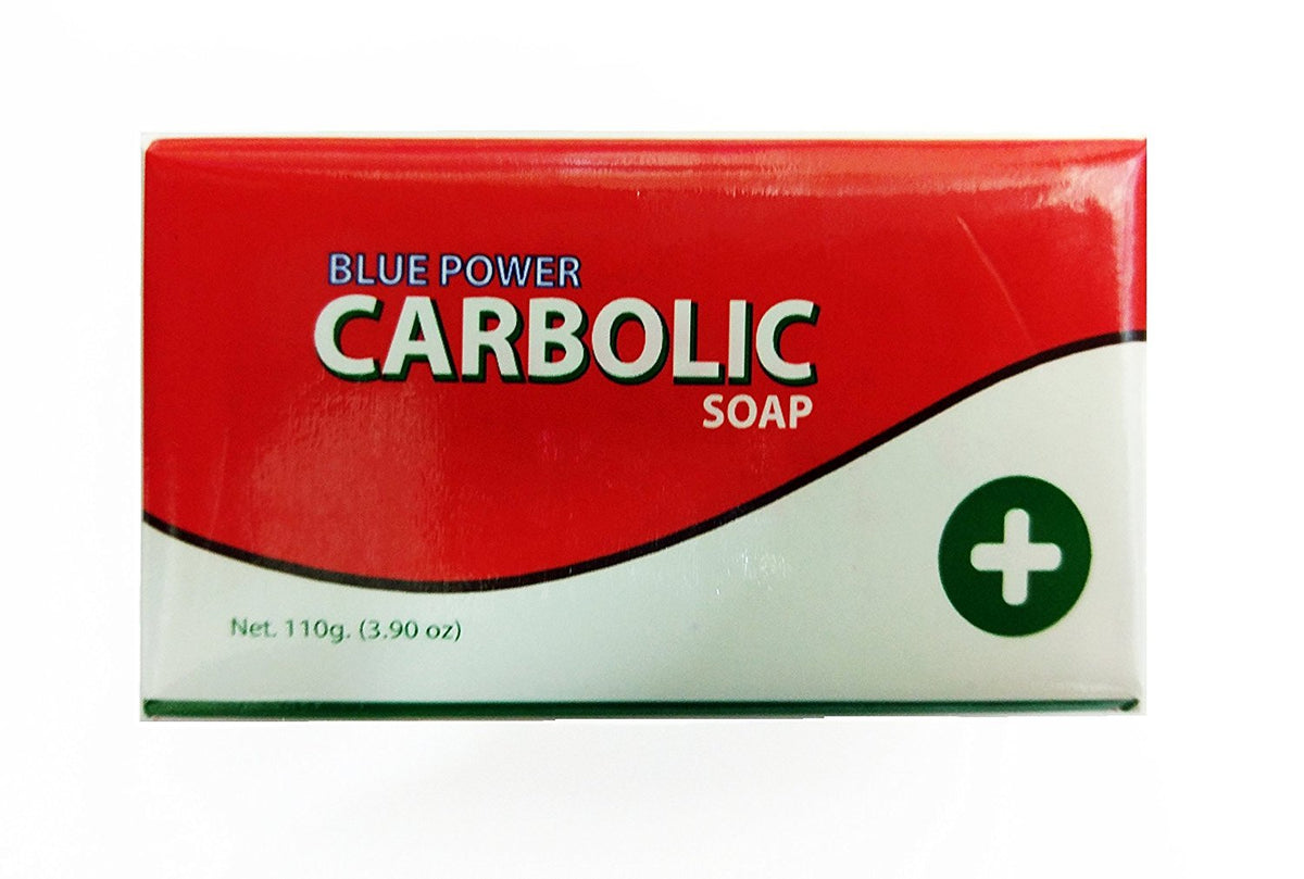 PowerBlue carbolic soap front packaging showing three 125g bars and clear product labeling for reliable cleaning