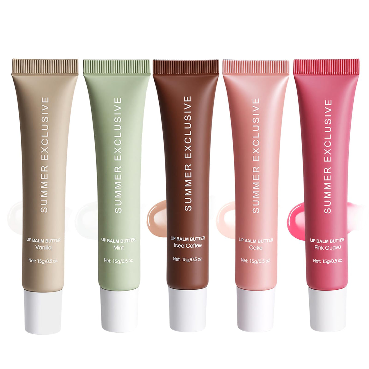 PPUPXQZ front packaging showing five tinted lip butter tubes and benefits