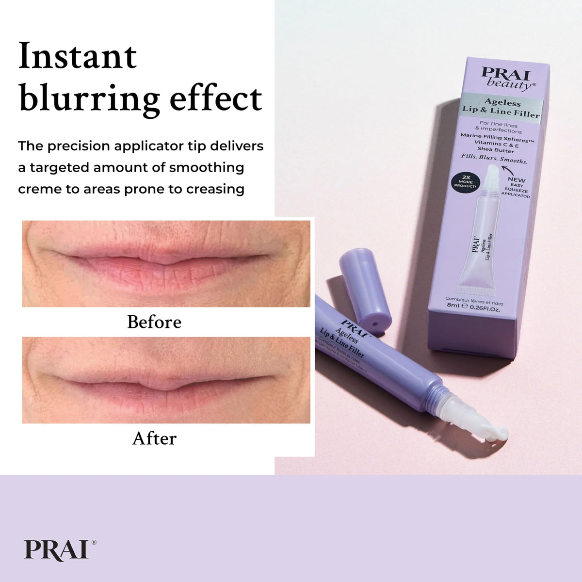 PRAI beside common items to show 0.26oz travel-size convenience benefit