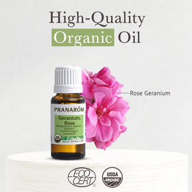 Pranarom rose geranium oil diffusing in a room, creates calming aromatic atmosphere