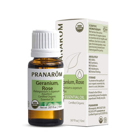 Pranarom front packaging of 15ml rose geranium oil showing label and USDA seal, conveys organic quality