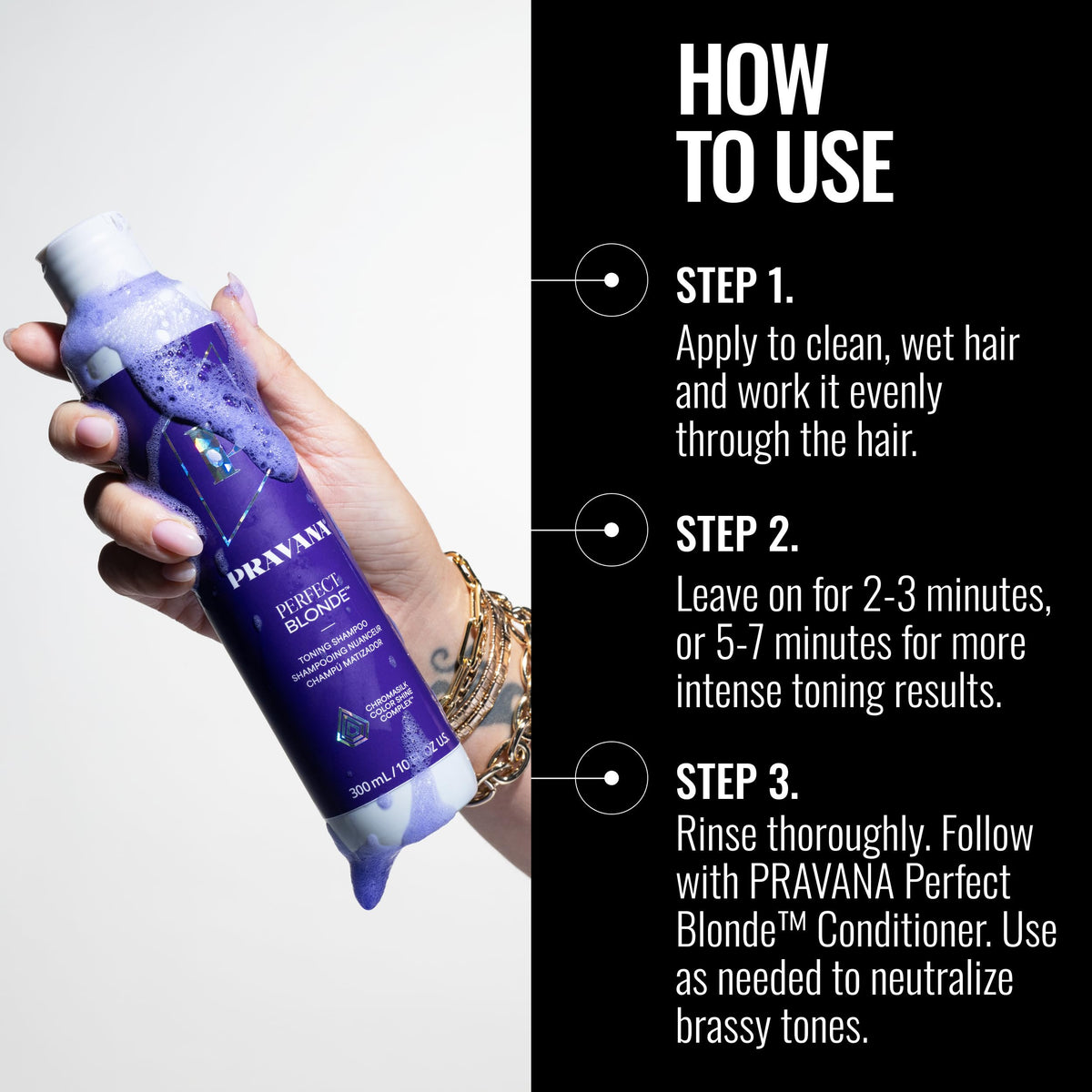 Pravana shampoo in shower creating violet lather to neutralize brassiness