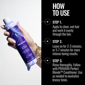Pravana shampoo in shower creating violet lather to neutralize brassiness