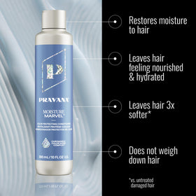 PRAVANA pump close-up on Moisture Marvel bottle for easy dispensing benefit