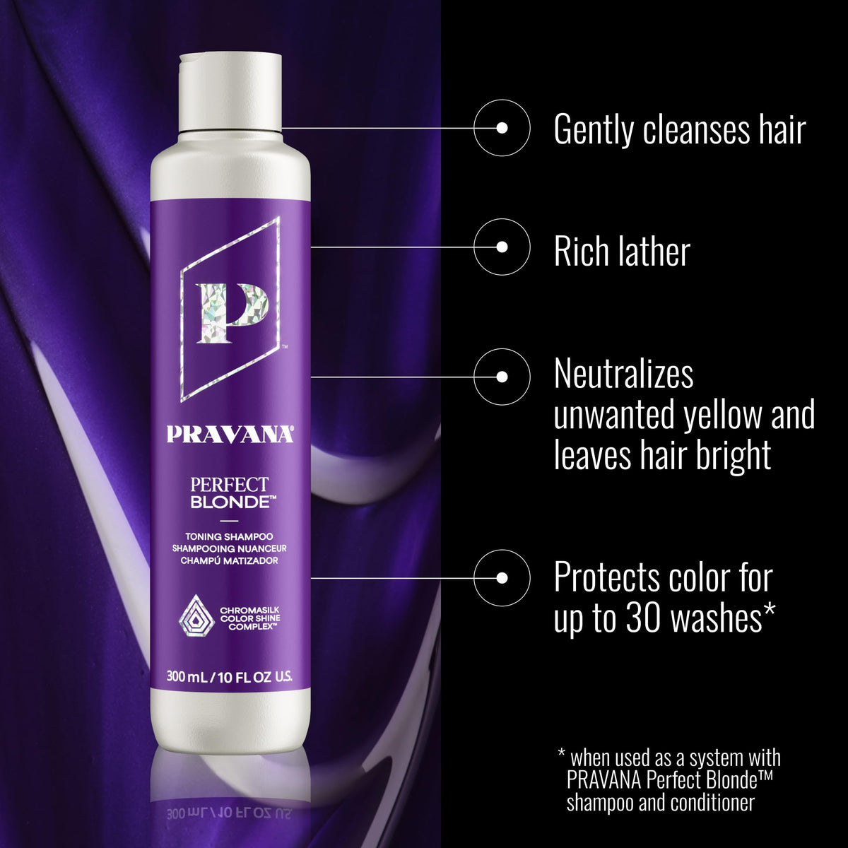 Pravana purple shampoo texture in hand, benefit: creamy toning consistency