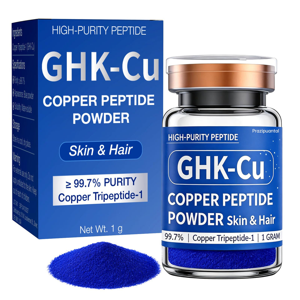 Prazipuantal front packaging showing cobalt-blue powder and purity badge, clear benefit: authentic active