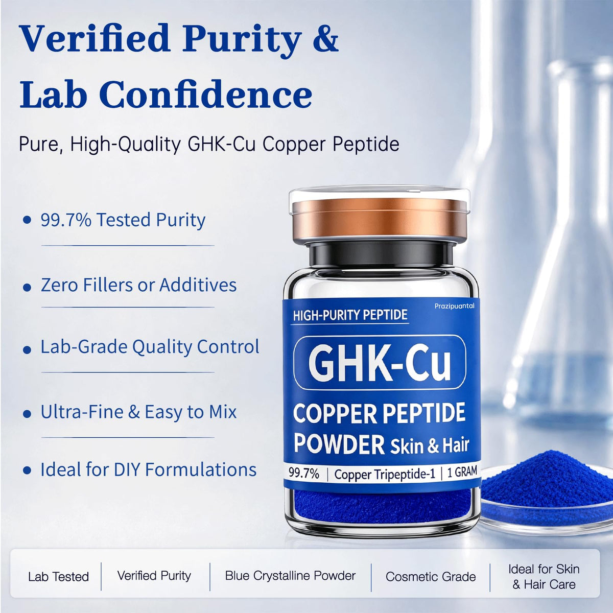 Product label close-up showing 99.7% purity on Prazipuantal packaging, instilling trust benefit