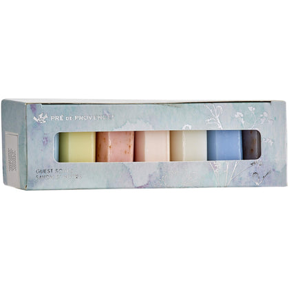 Pré de Provence box front packaging showing seven scented soap bars and elegant gift appeal