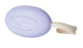 Pre de Provence soap on a rope hanging in shower to keep bar dry and last longer