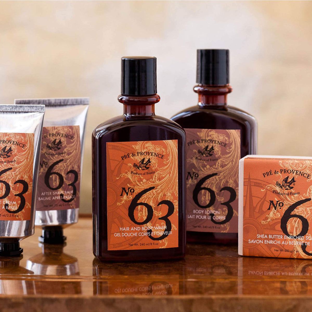 Pre de Provence No.63 collection lined on shelf showing coordinated grooming set and layering benefit