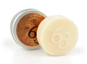Pre de Provence front tin showing No.63 shave soap and neat packaging benefit is tidy countertop storage