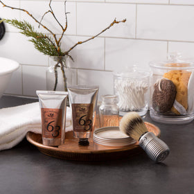 Pre de Provence shaving setup brush, razor and No.63 tin arranged for an efficient morning routine