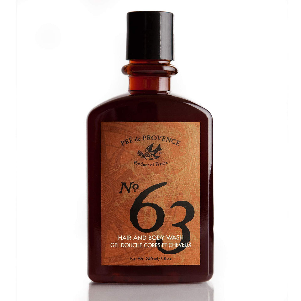 Pre de Provence bottle front view showing No.63 scent and masculine packaging benefit