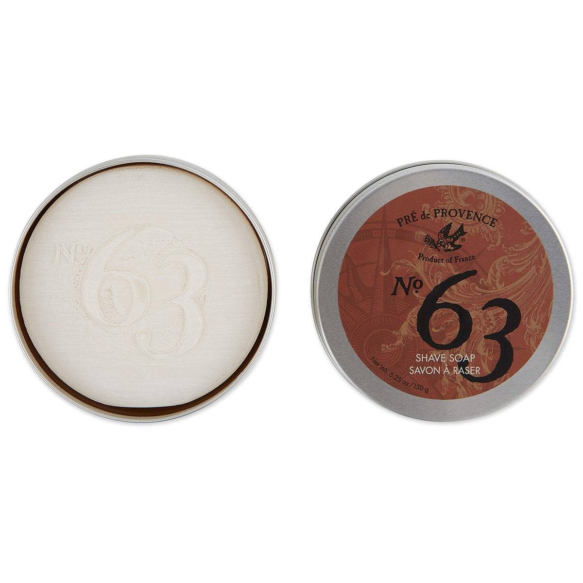Pre de Provence No.63 tin open with soap visible for travel-ready shaving convenience