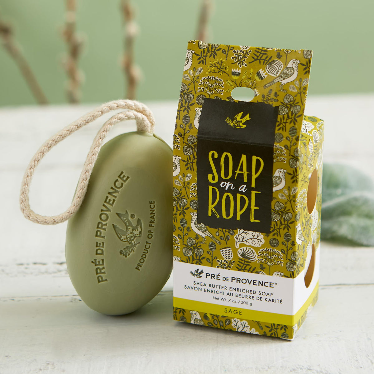 Pre de Provence sage soap hanging in shower delivering space-saving storage and less mess