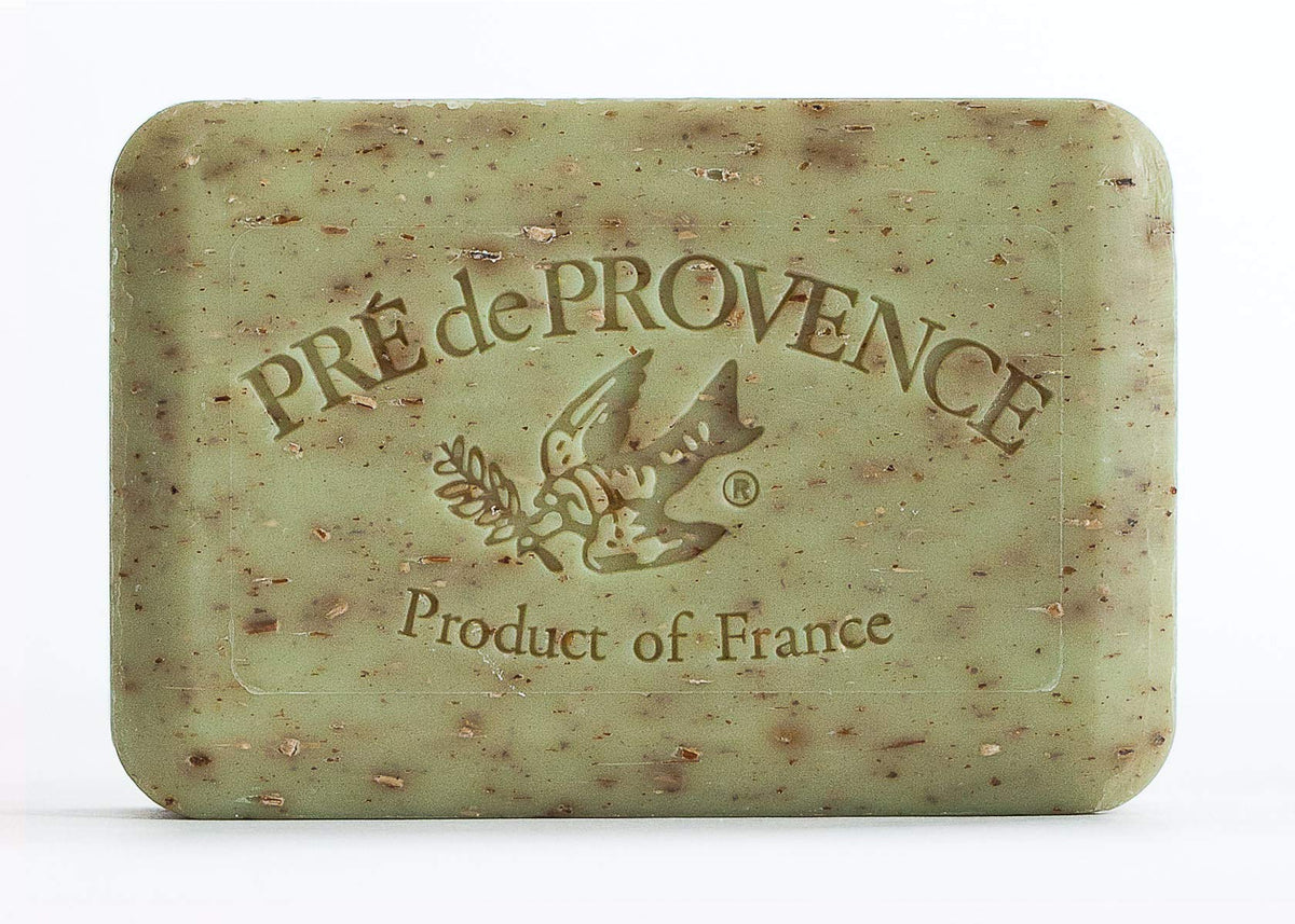 Pre de Provence front packaging showing three sage soap bars, durable and moisturizing