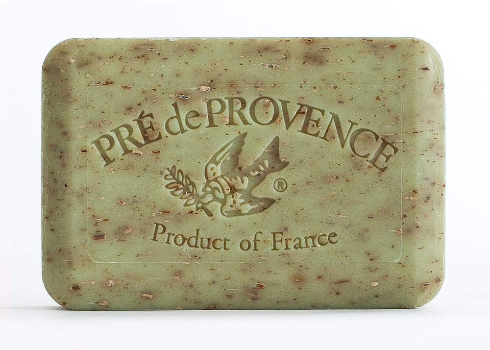 Pre de Provence front packaging showing three sage soap bars, durable and moisturizing