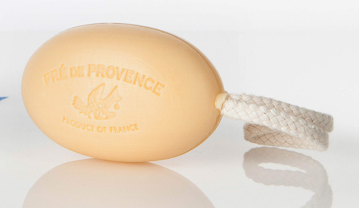 Pre de Provence soap on a rope hanging to dry prolongs bar lifespan