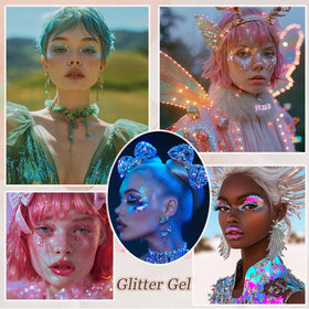 Prehot festival makeup look on model, delivers dramatic eye-catching shine