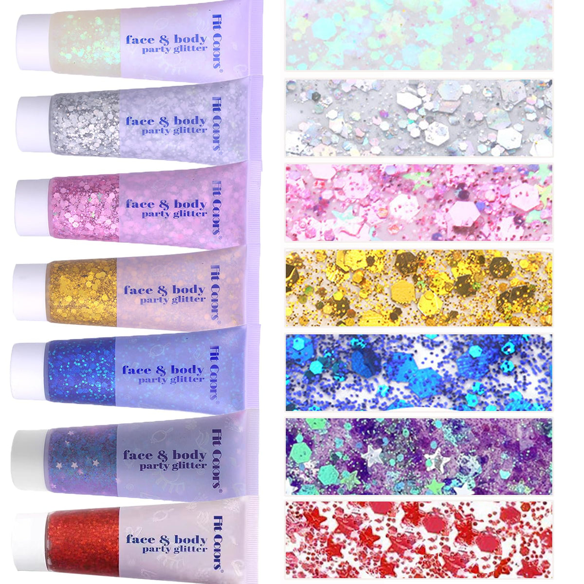 Prehot front packaging showing seven glitter tube colors, great for festivals