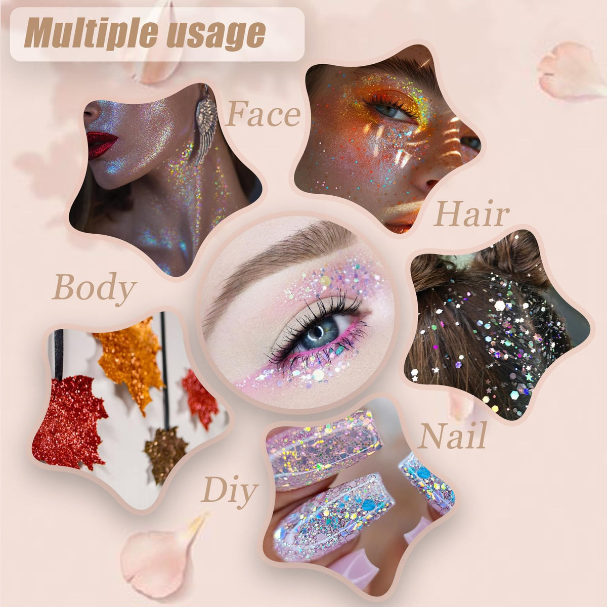 Prehot glitter applied to cheekbone demonstrating bold stage-ready sparkle and definition