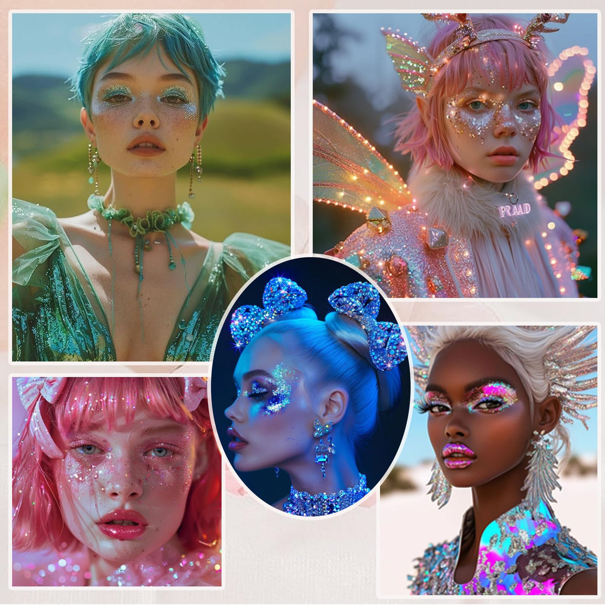 Prehot glitter used in festival outfit creating bold, camera-ready look