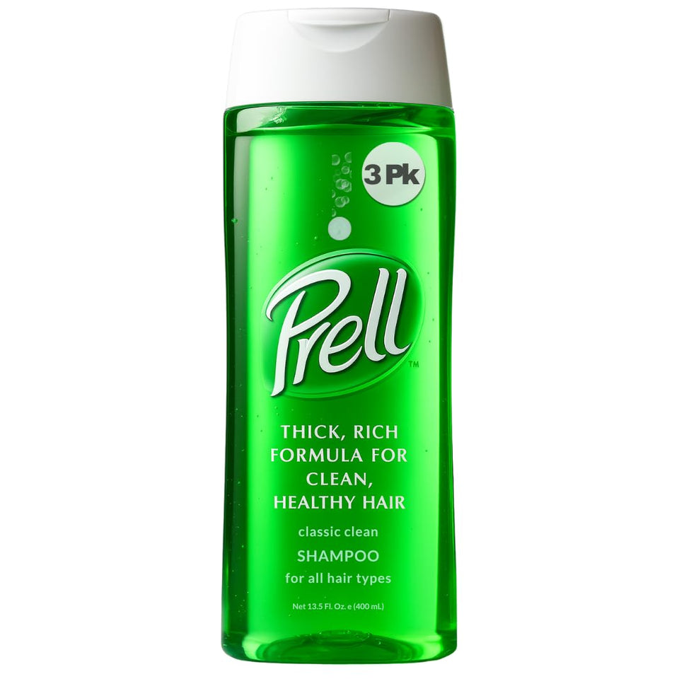 Prell bottle front view showing brand and clean finish benefit