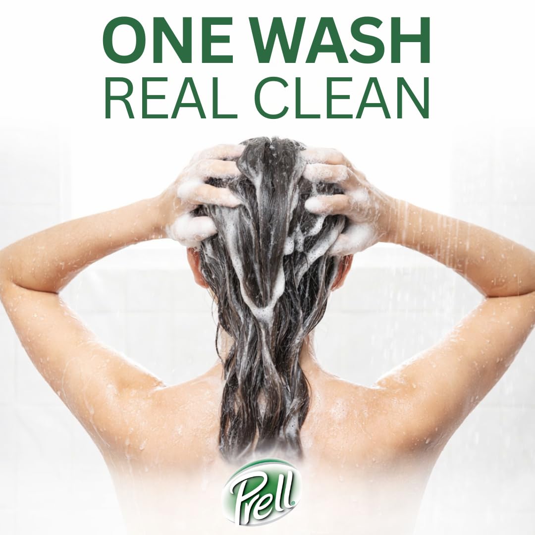 Prell pouring shampoo into palm showing controlled dispense and efficient use benefit