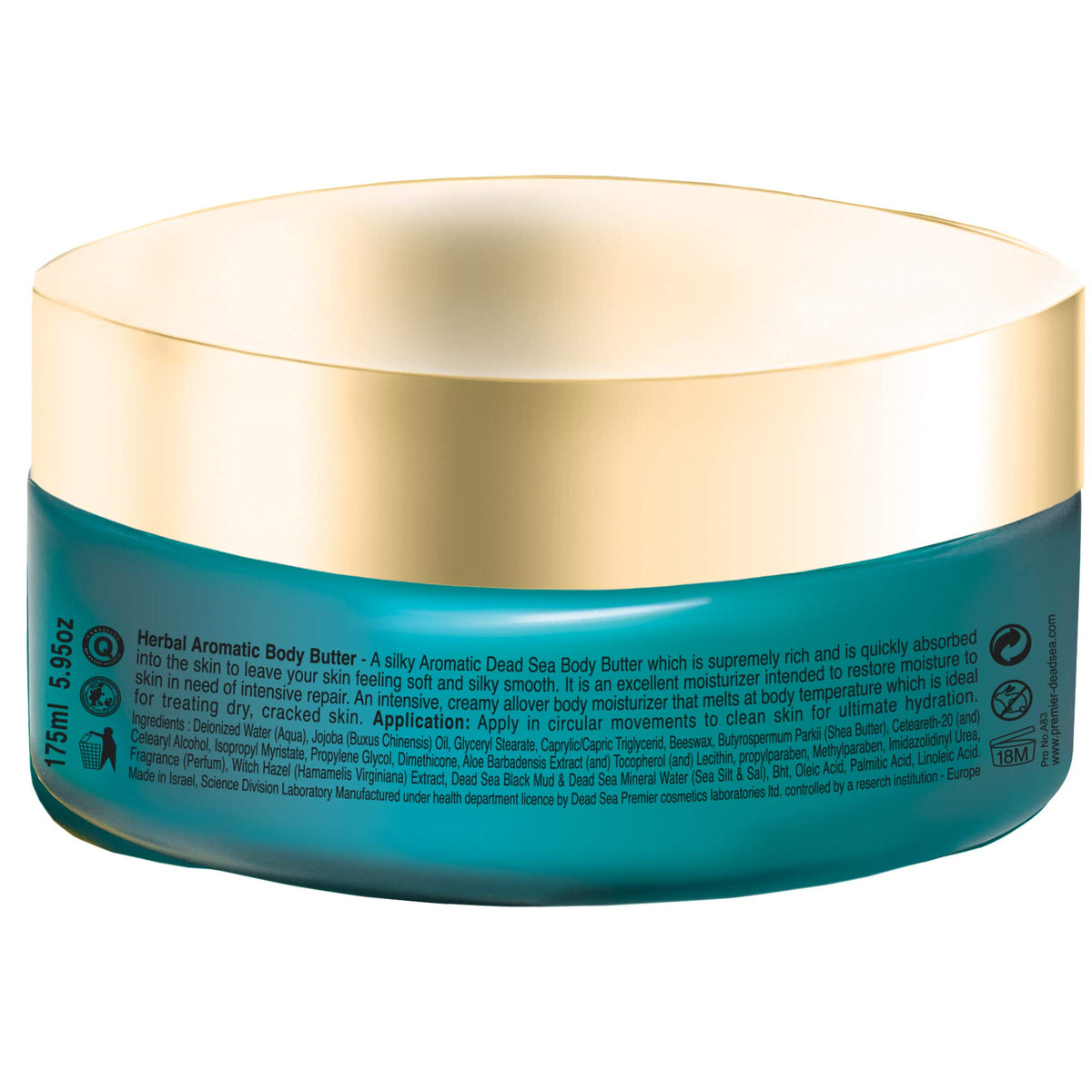 Premier product label listing Dead Sea minerals and shea butter, shows clean ingredients