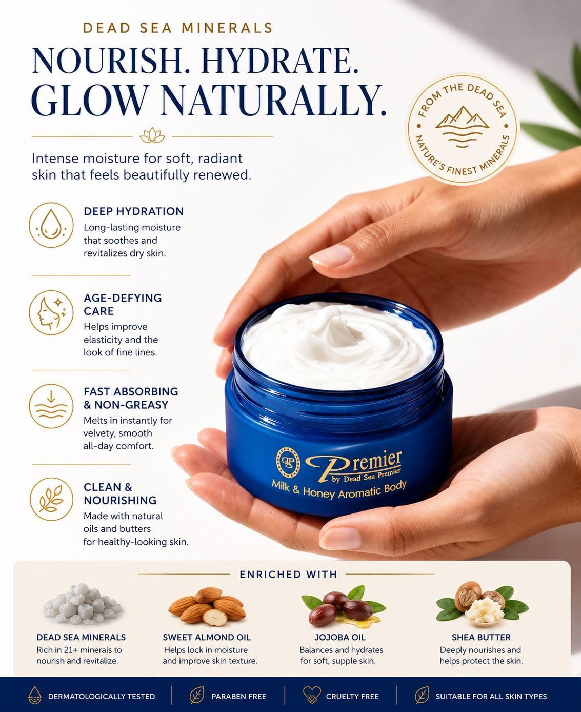 Premier open jar with creamy milk and honey tone, suggests gentle scent
