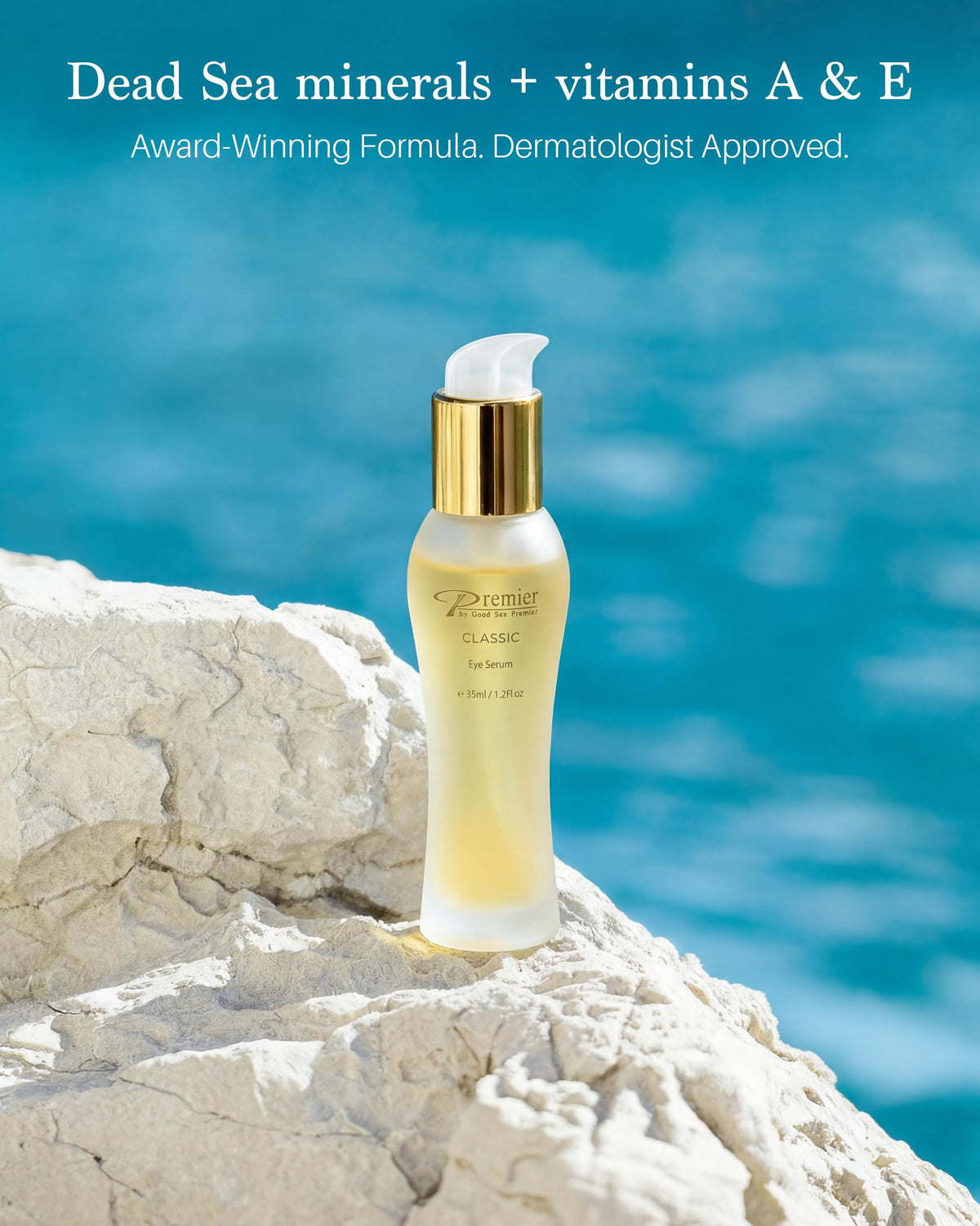 Premier Dead Sea serum application demo gently tapping product under the eye for absorption