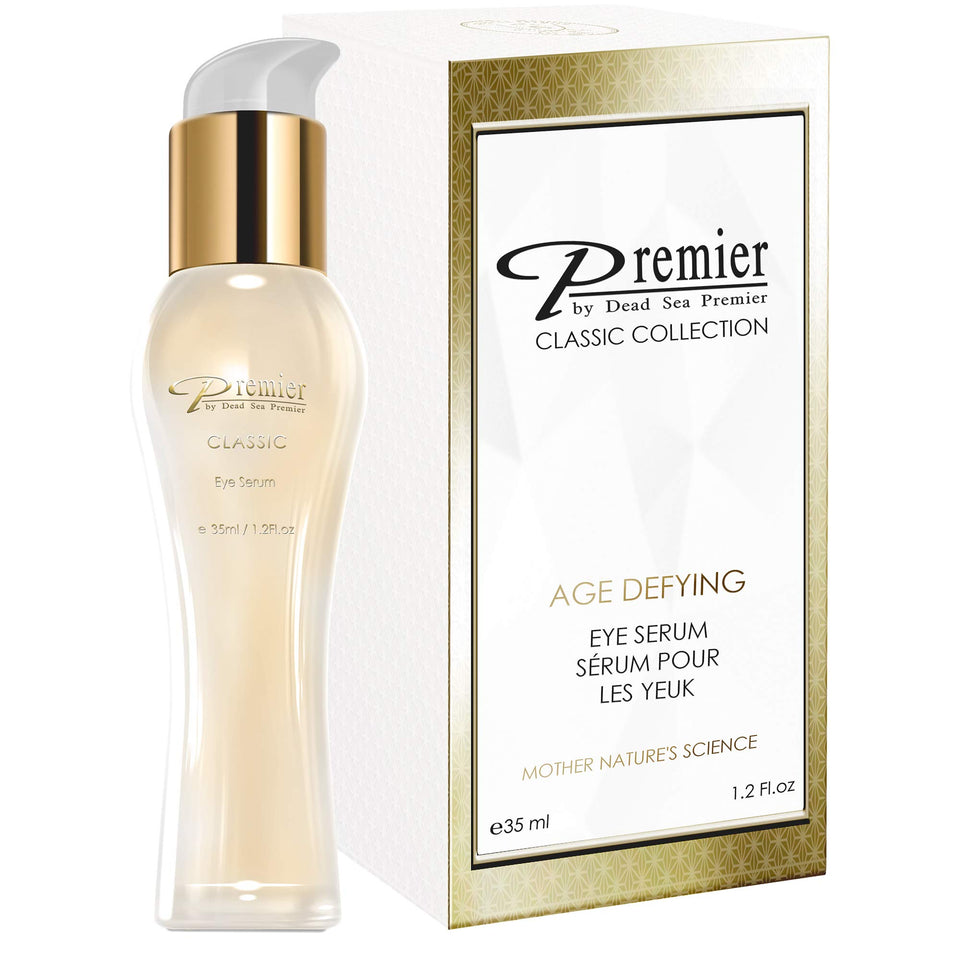 Premier Dead Sea Classic Eye Serum front packaging showing bottle and label benefits