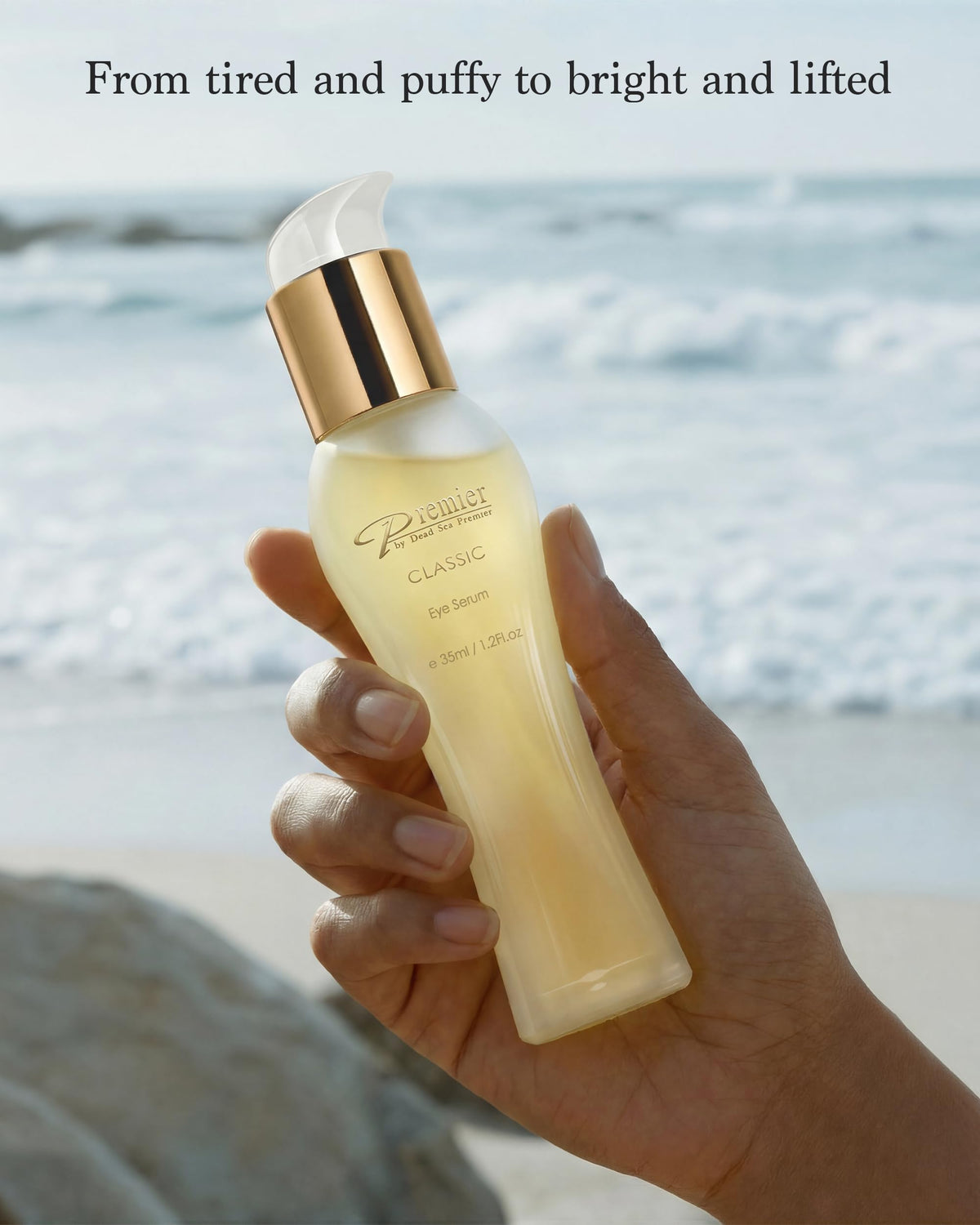 Premier Dead Sea eye serum on a bathroom shelf in a lifestyle scene suggesting daily use