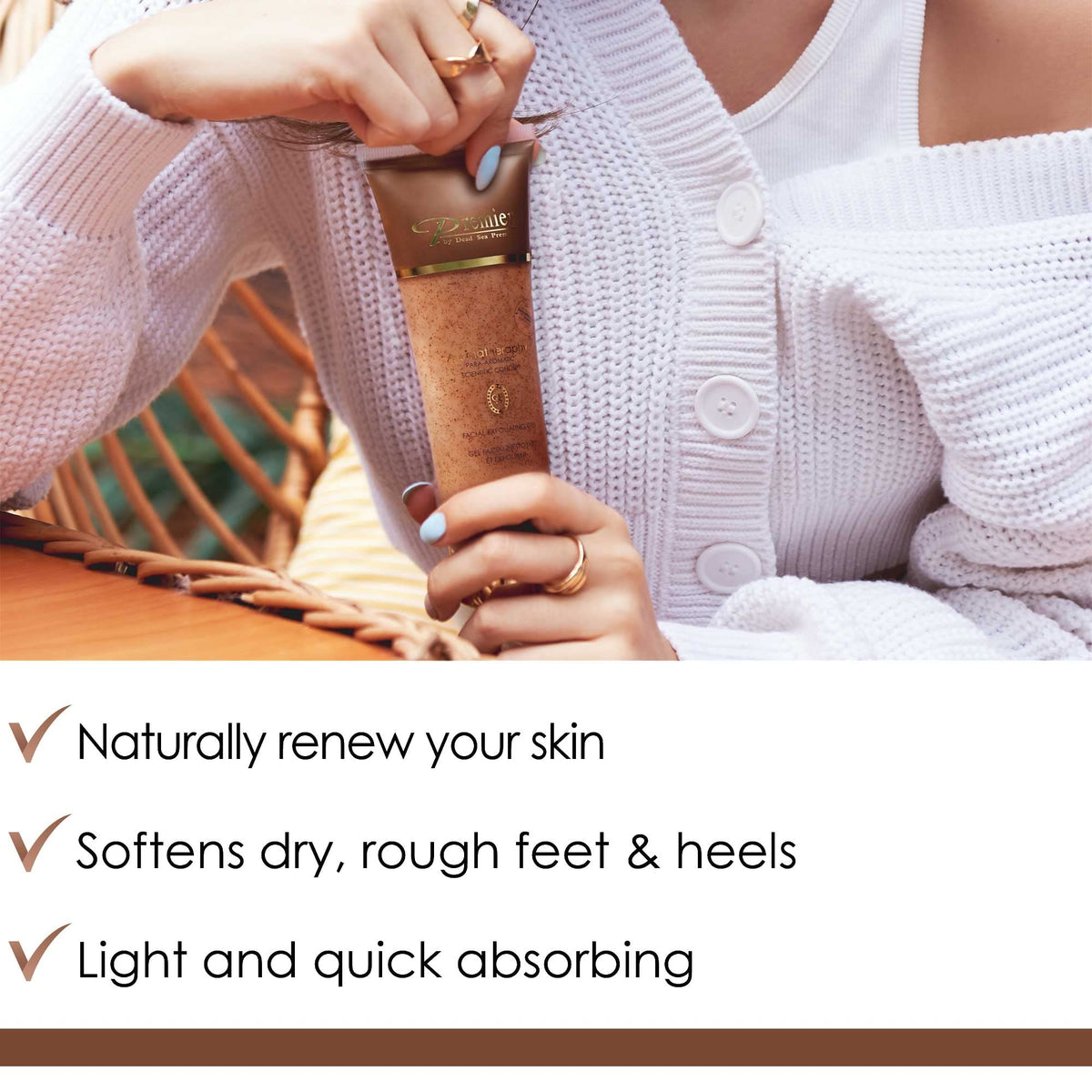 Premier dispensing scrub onto fingertip, demonstrates easy daily application
