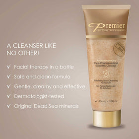 Premier close-up of gel texture with micro-grains, highlights gentle exfoliation