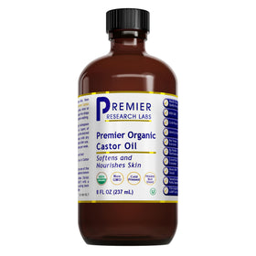 Premier Research Labs front bottle view showing organic castor oil and benefit of purity