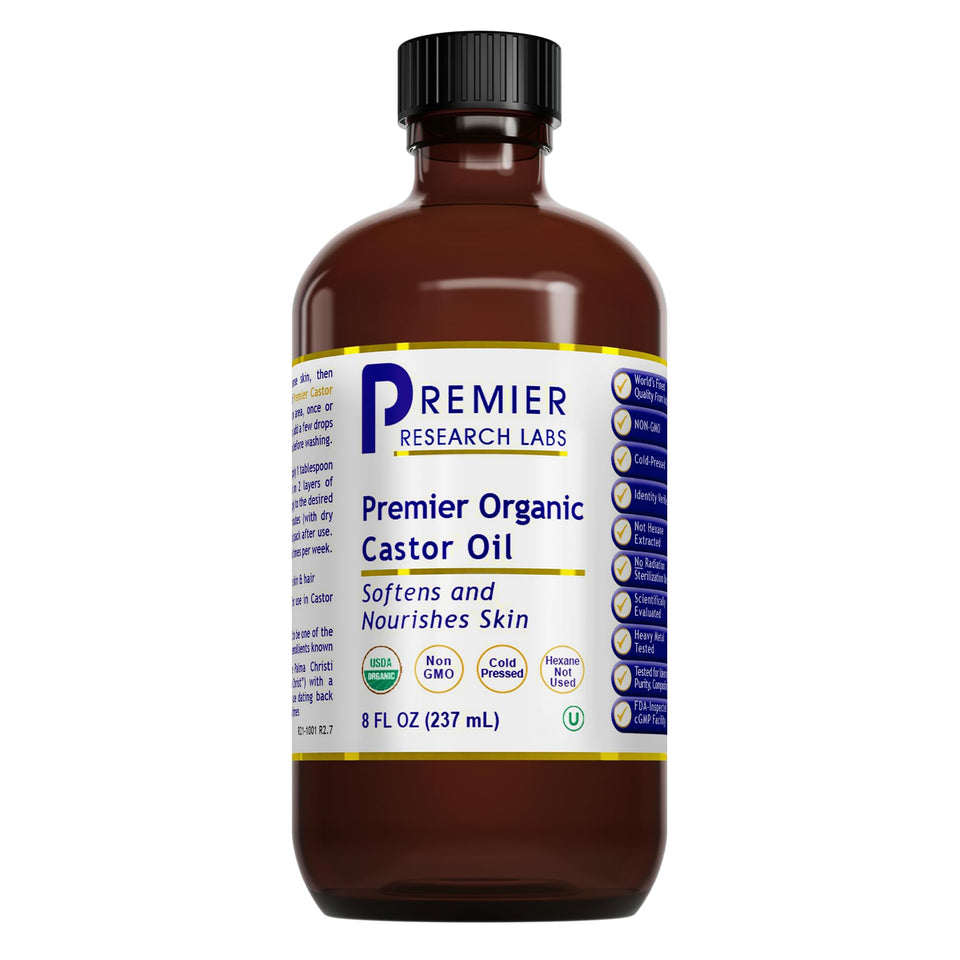 Premier Research Labs front bottle view showing organic castor oil and benefit of purity
