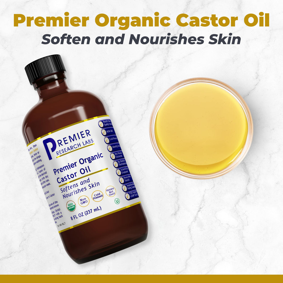Premier Research Labs pouring oil close-up highlighting cold-pressed texture and nourishment