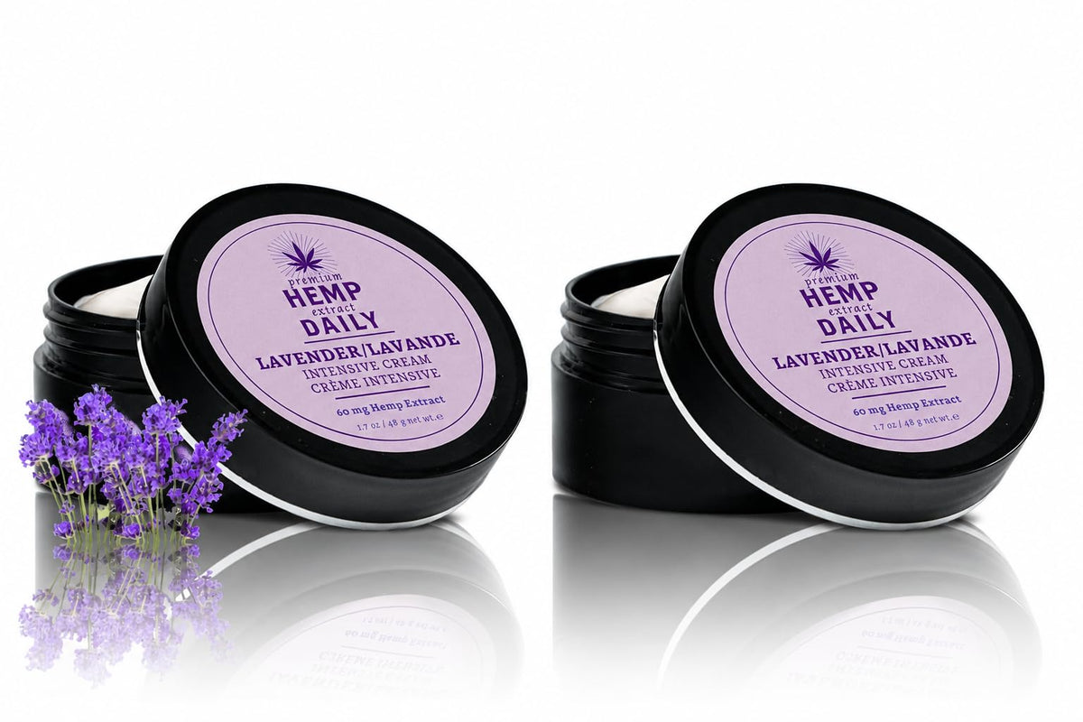 Premium Hemp Extract Daily front packaging showing two lavender jars and benefits