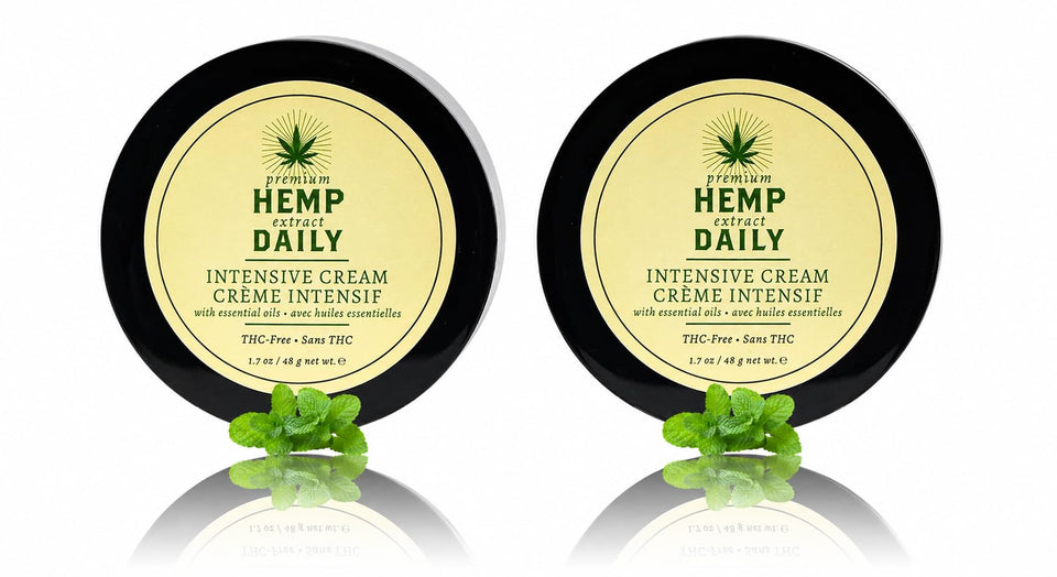 Premium Hemp Extract Daily front packaging showing two tubs and label, highlighting portability