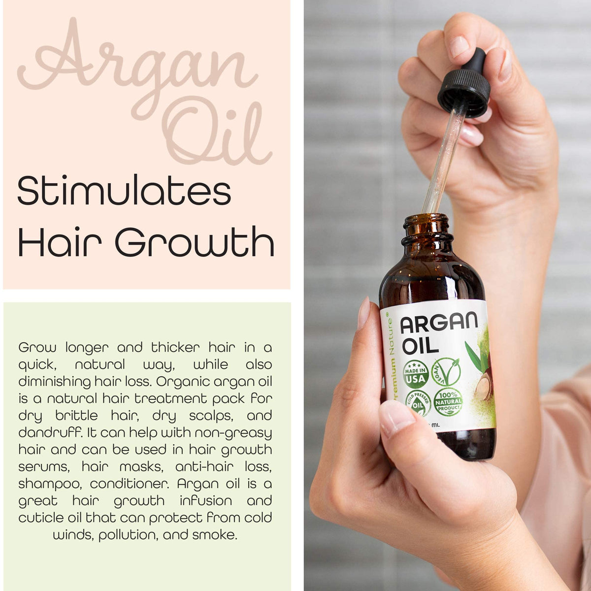 Premium Nature argan oil dropper dispensing a controlled moisturizing drop
