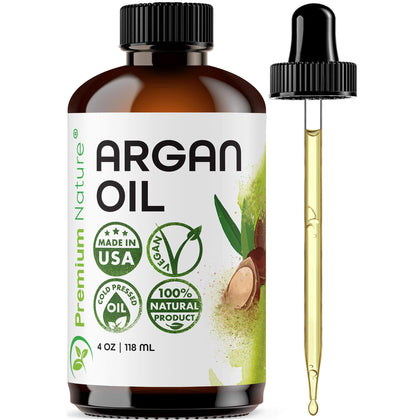 Premium Nature bottle front label showing pure argan oil benefits