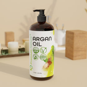 Premium Nature bottle with argan nuts referencing Moroccan origin and natural purity benefit