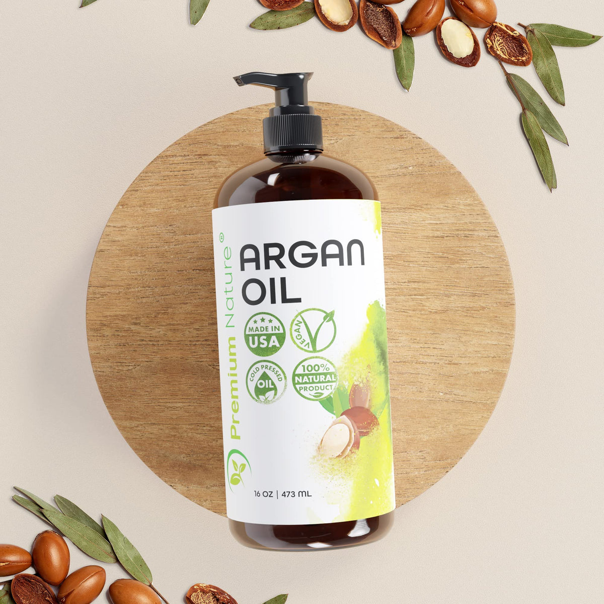 Premium Nature 16 oz bottle held in hands for size and scale reassurance benefit