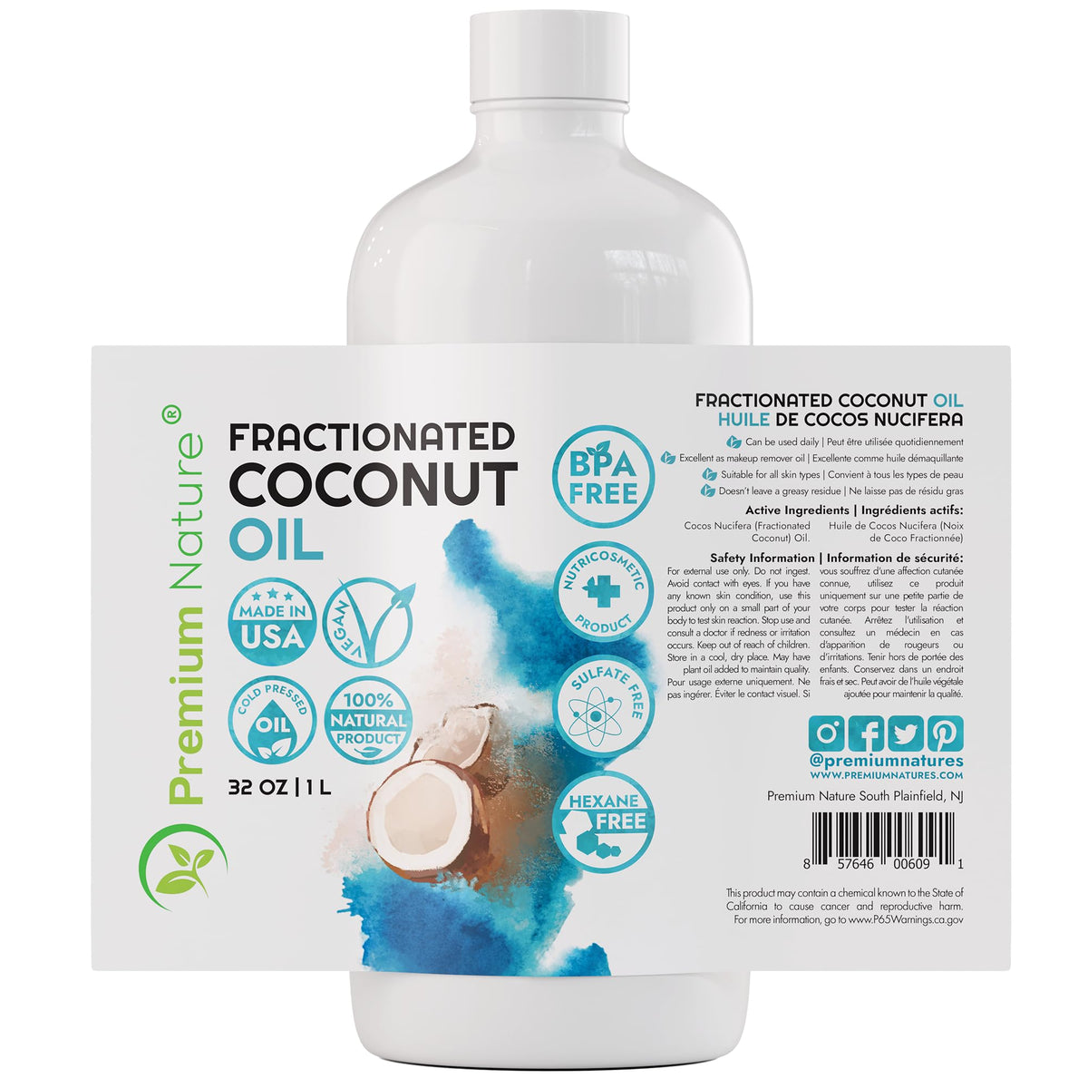 Premium Nature bottle beside hand to show scale and generous 32 oz supply