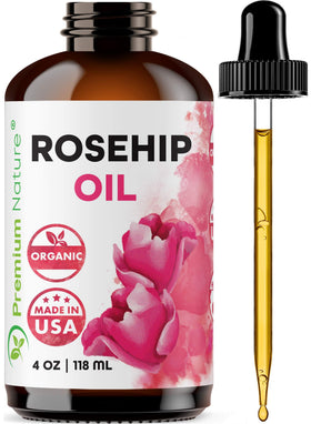 Premium Nature front bottle view showing label and pure rosehip oil benefits