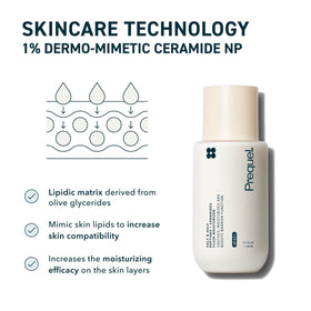 Prequel close-up of label highlighting ceramide and peptide actives for barrier support